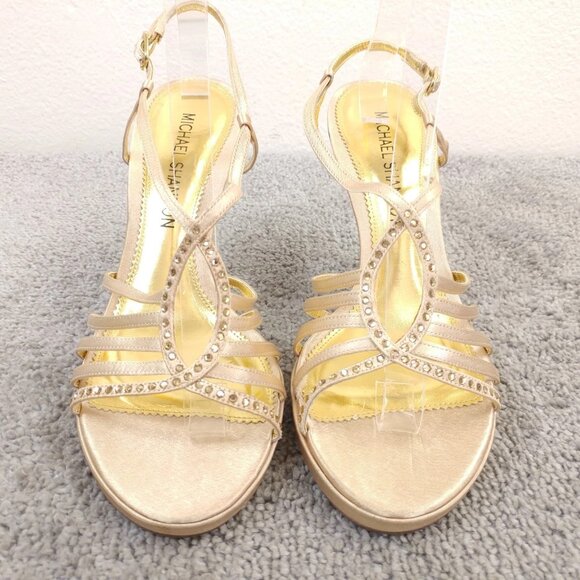 MICHAEL SHANNON Jordy Womens 9 Shoes Open Toe Gold Rhinestone Slingback Heels - Picture 3 of 8